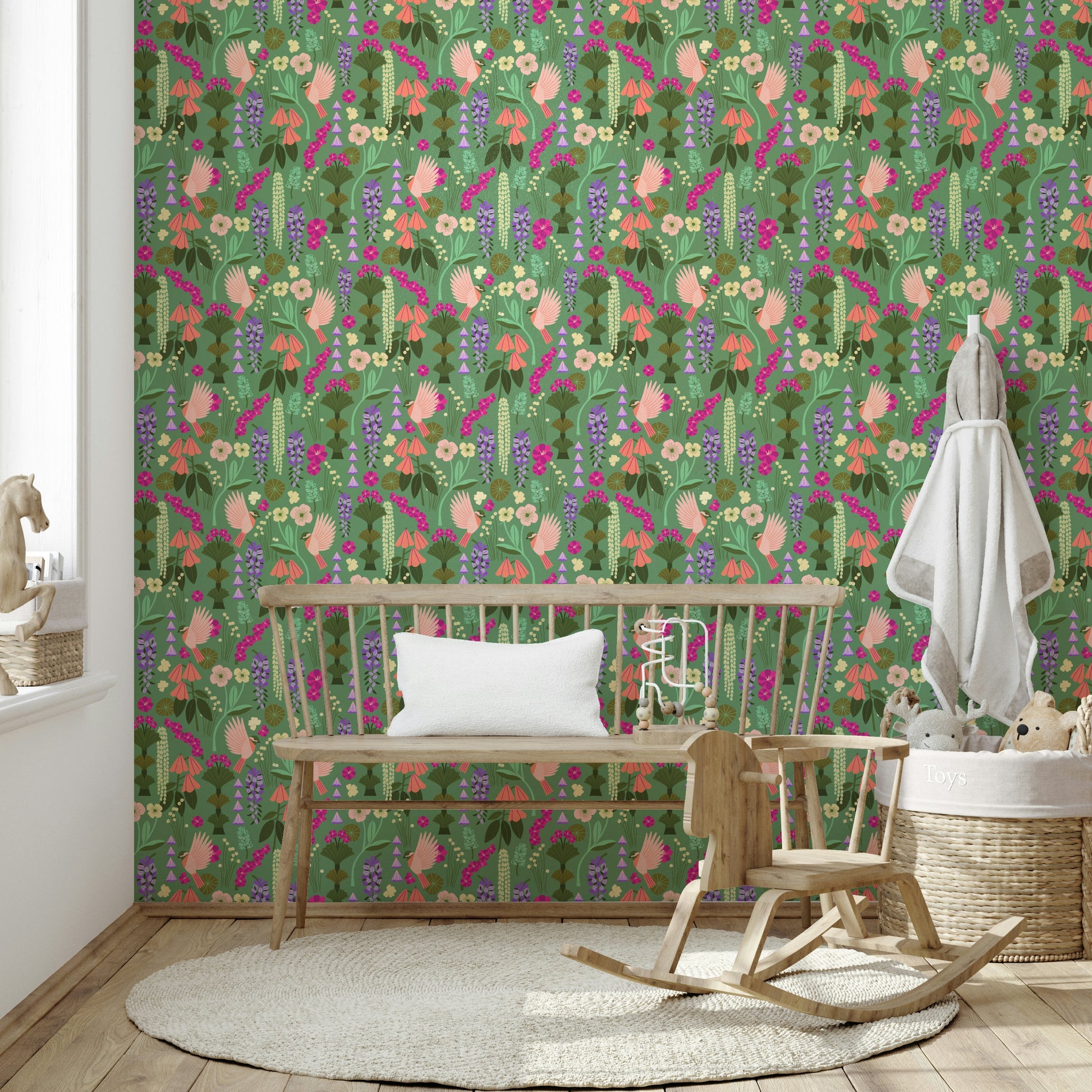 Delicate floral design featuring songbirds and petals

