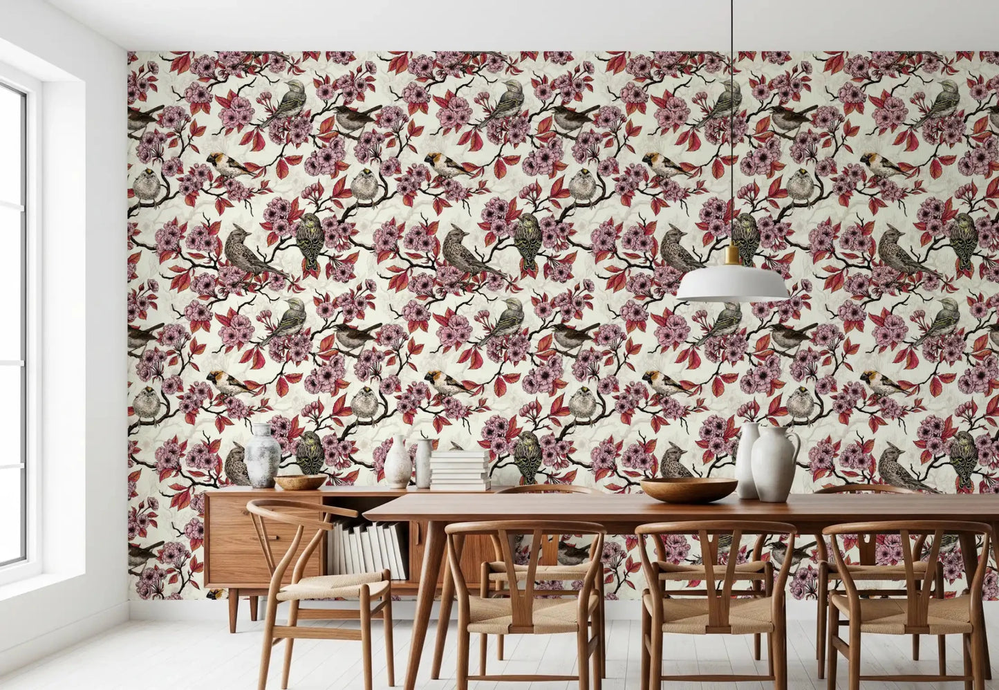Birds and cherry blossom on ivory Wallpaper⁠