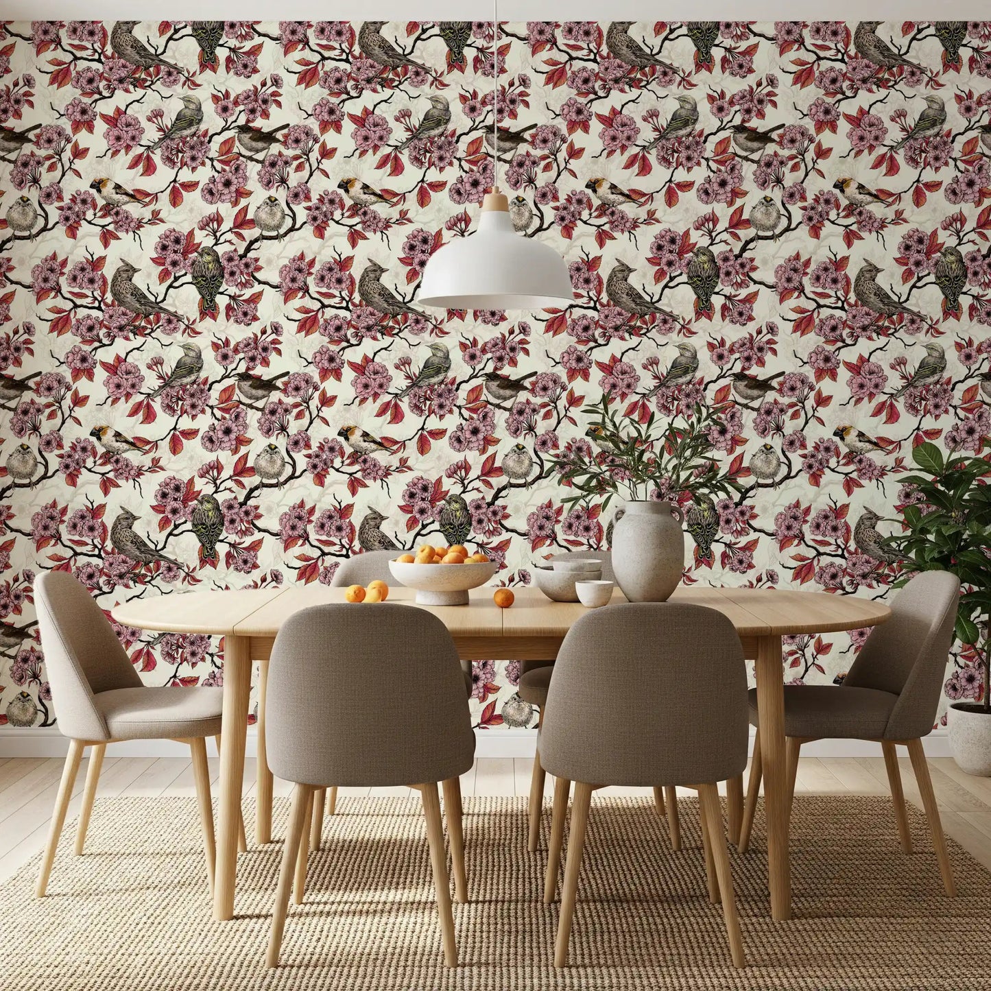 Birds and cherry blossom on ivory Wallpaper⁠
