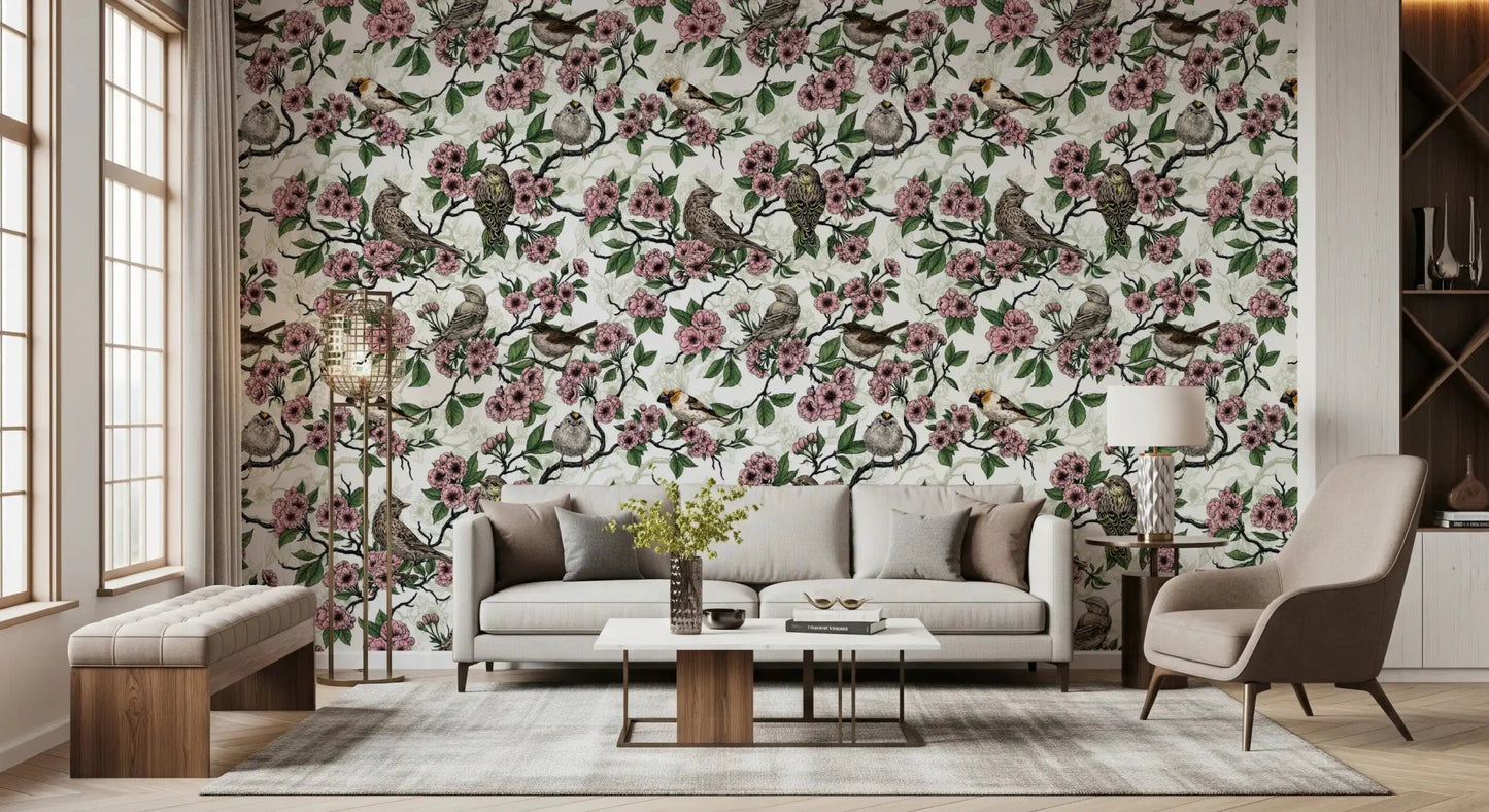 Birds and cherry blossom on white Wallpaper⁠