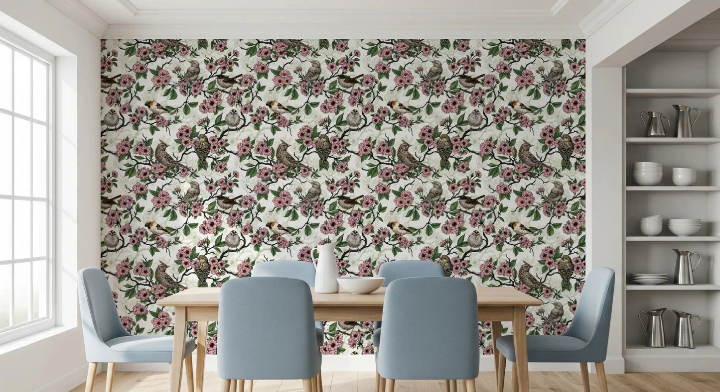 Birds and cherry blossom on white Wallpaper⁠