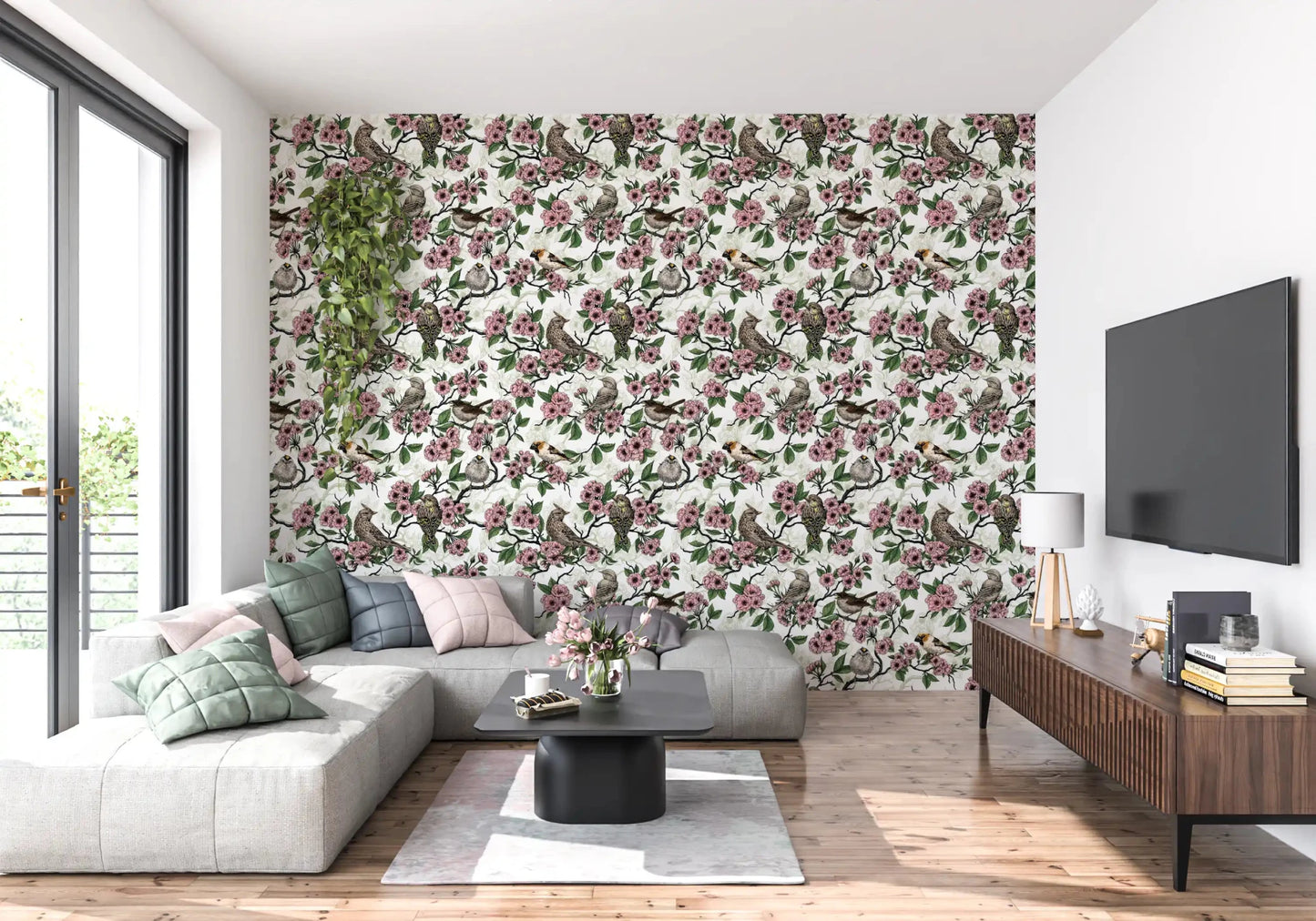 Birds and cherry blossom on white Wallpaper⁠