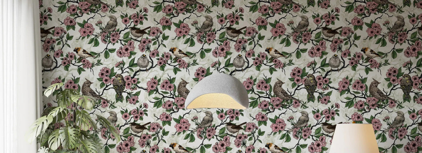 Birds and cherry blossom on white Wallpaper⁠