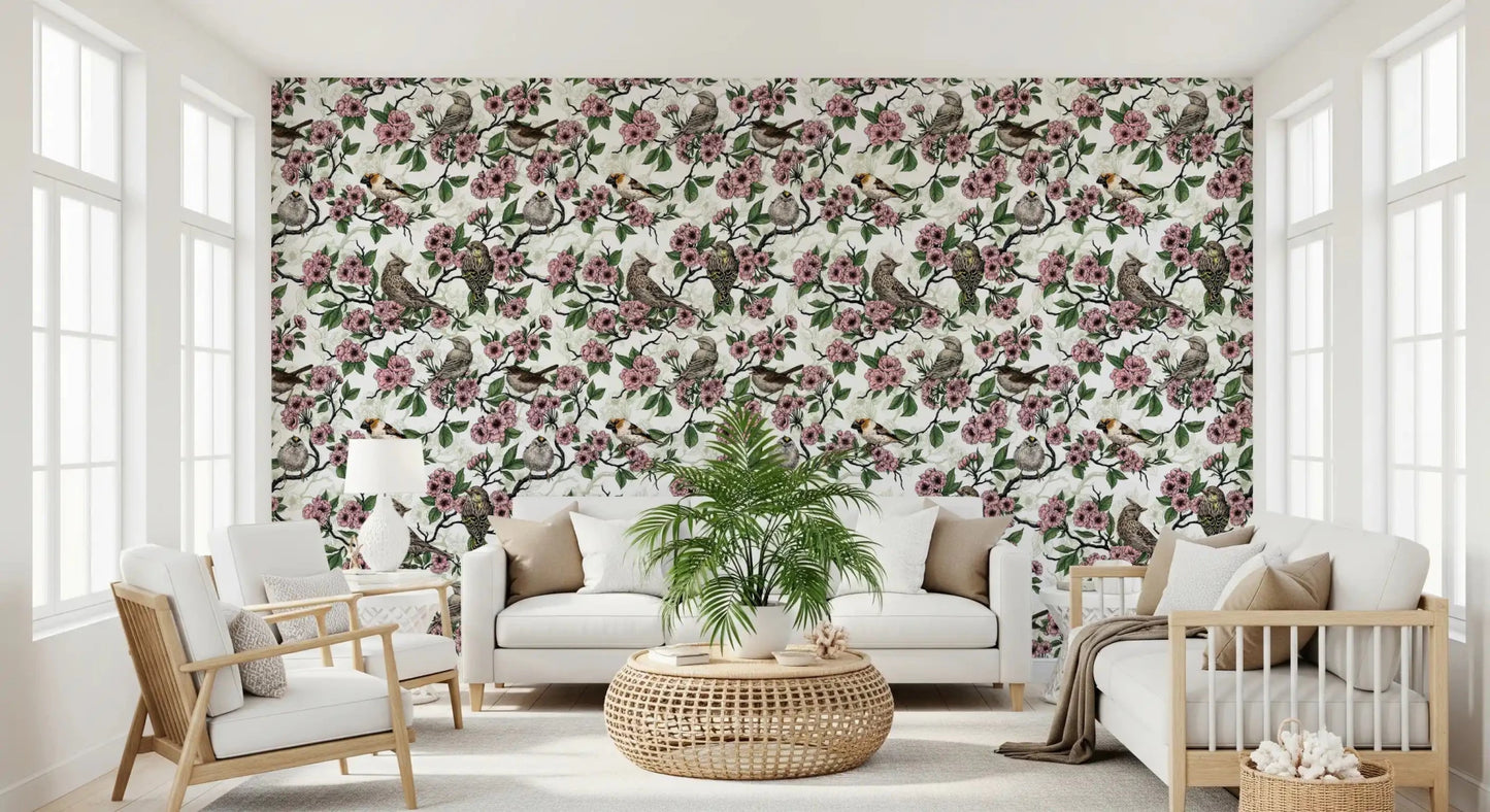 Birds and cherry blossom on white Wallpaper⁠