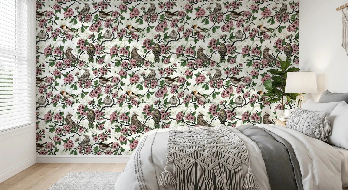 Birds and cherry blossom on white Wallpaper⁠