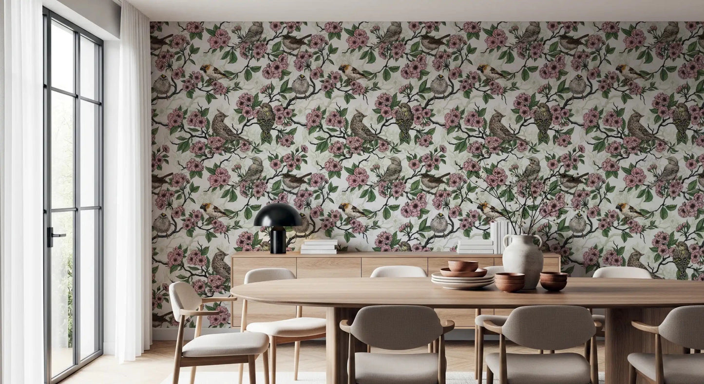 Birds and cherry blossom on white Wallpaper⁠
