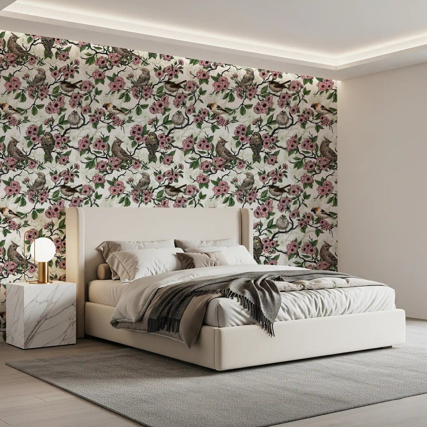 Birds and cherry blossom on white Wallpaper⁠