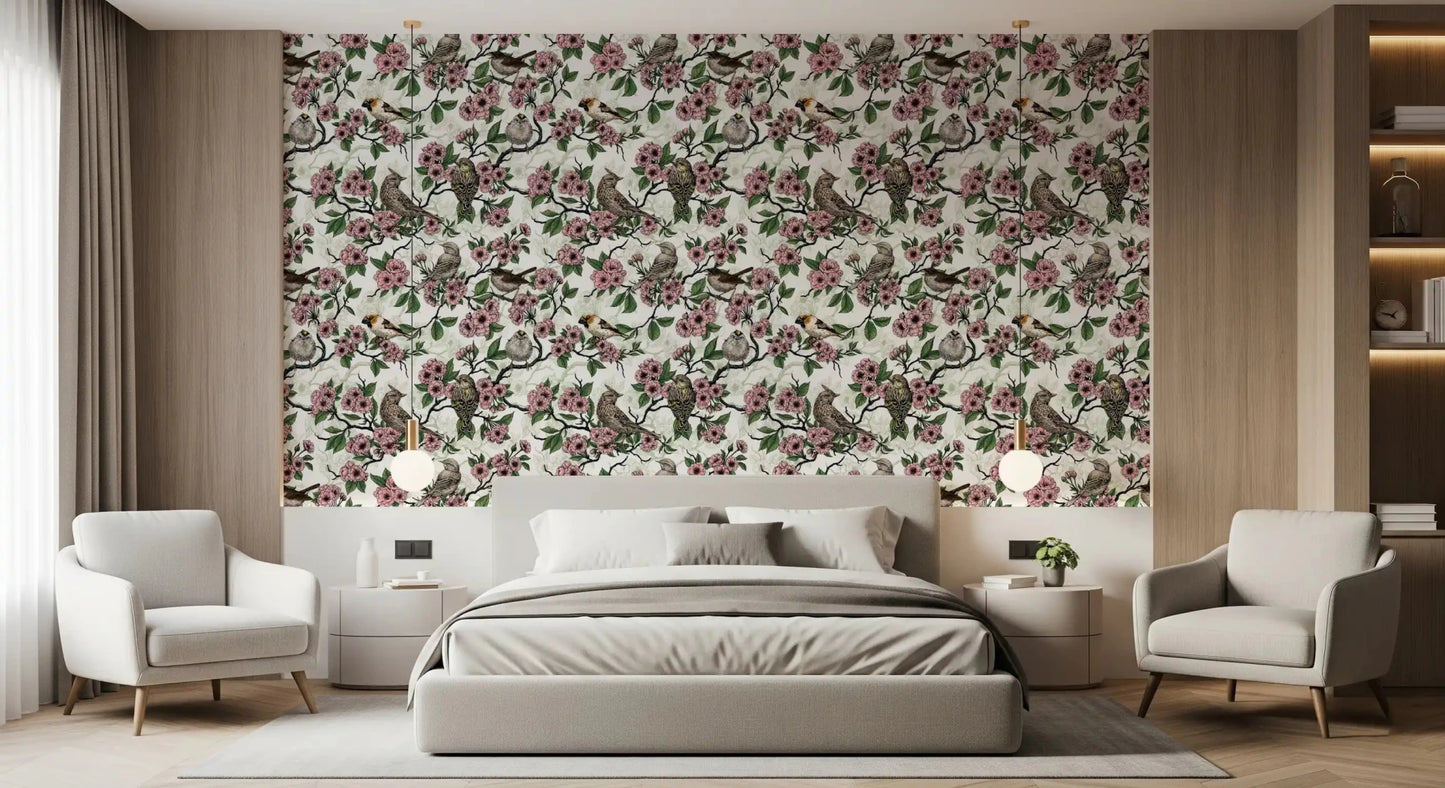 Birds and cherry blossom on white Wallpaper⁠