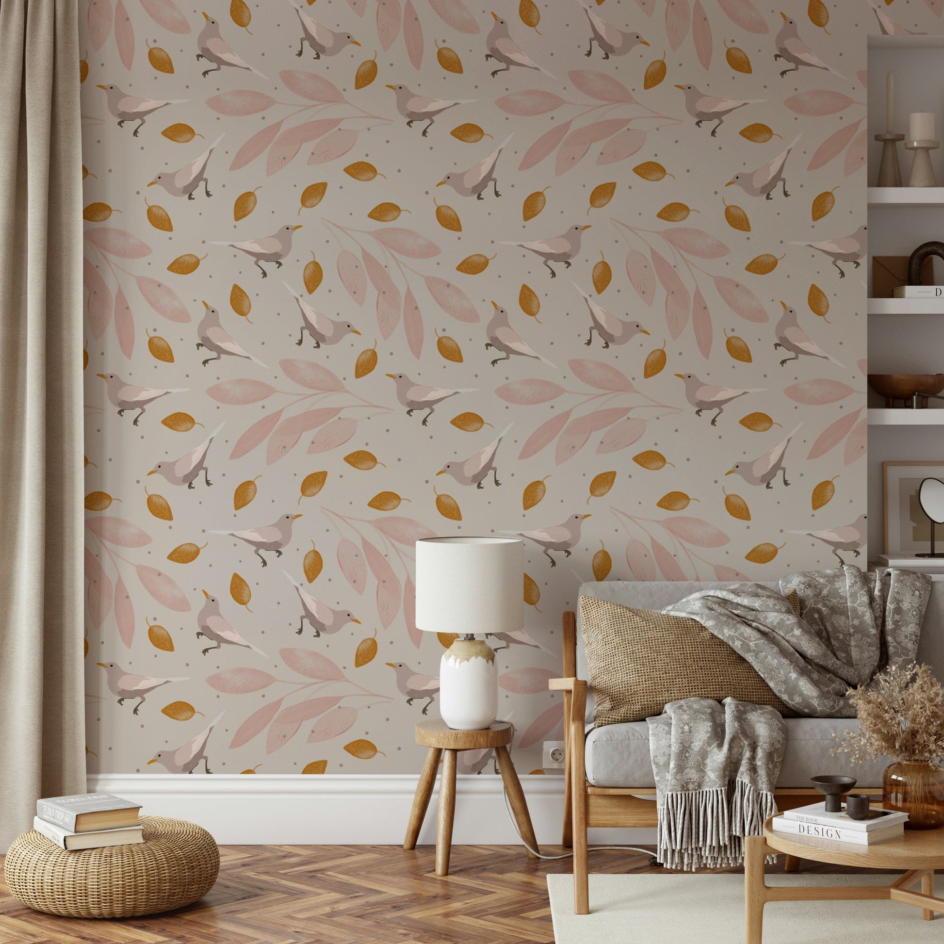 A soft botanical wallpaper featuring perched birds among flowing pink leaf clusters.