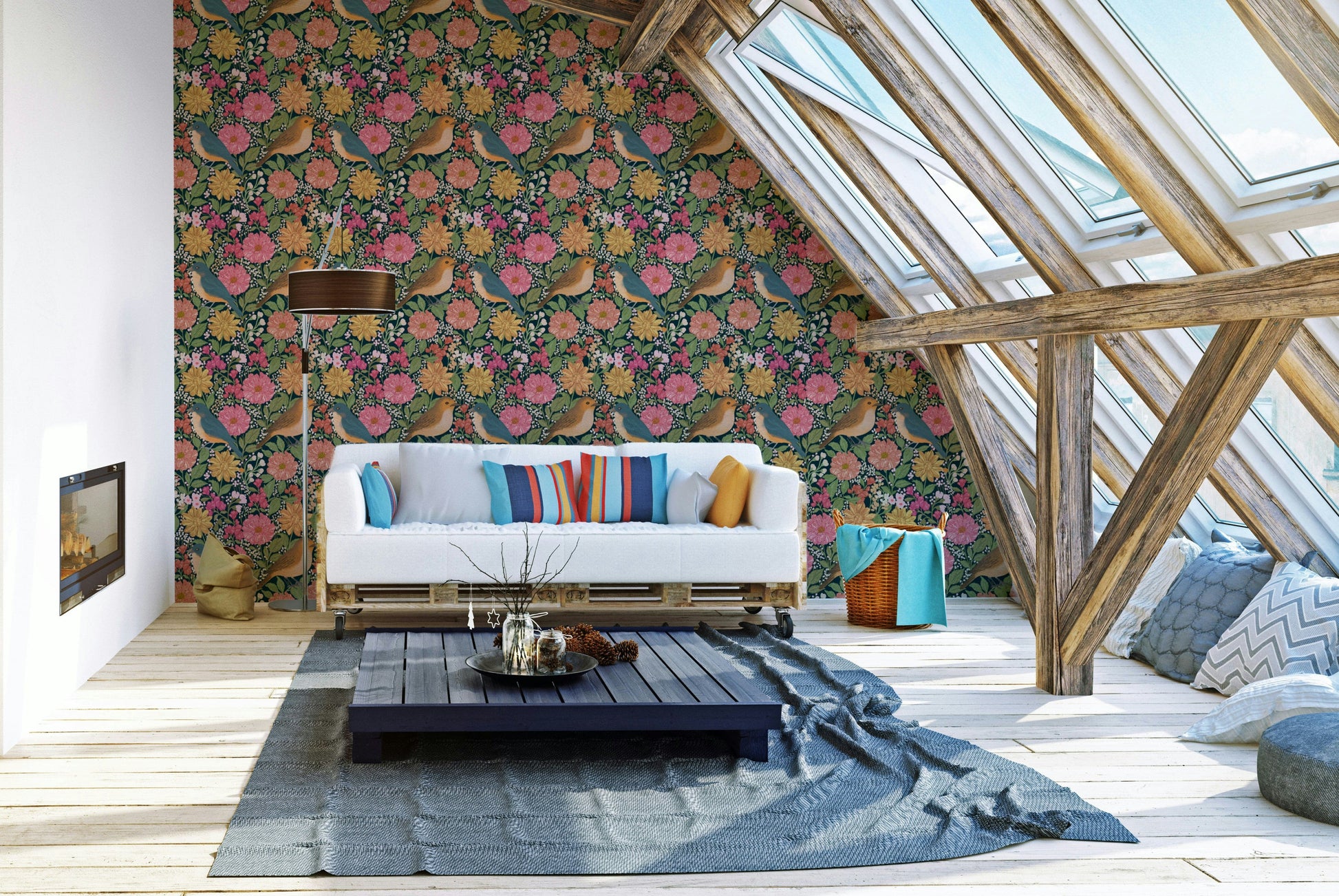 A classic botanical wallpaper for walls with a bird theme.

