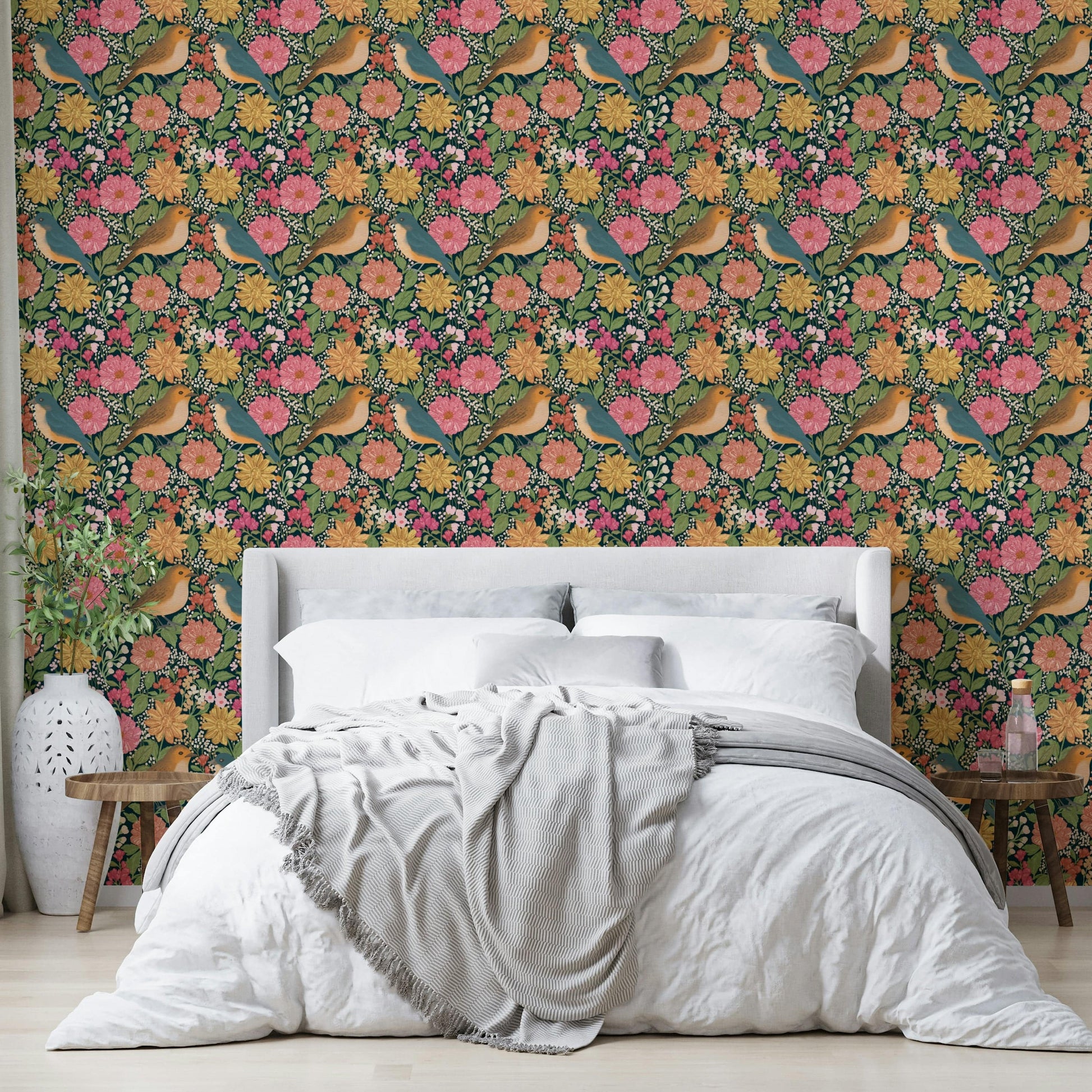 A graceful subtle bird wall mural in natural tones.

