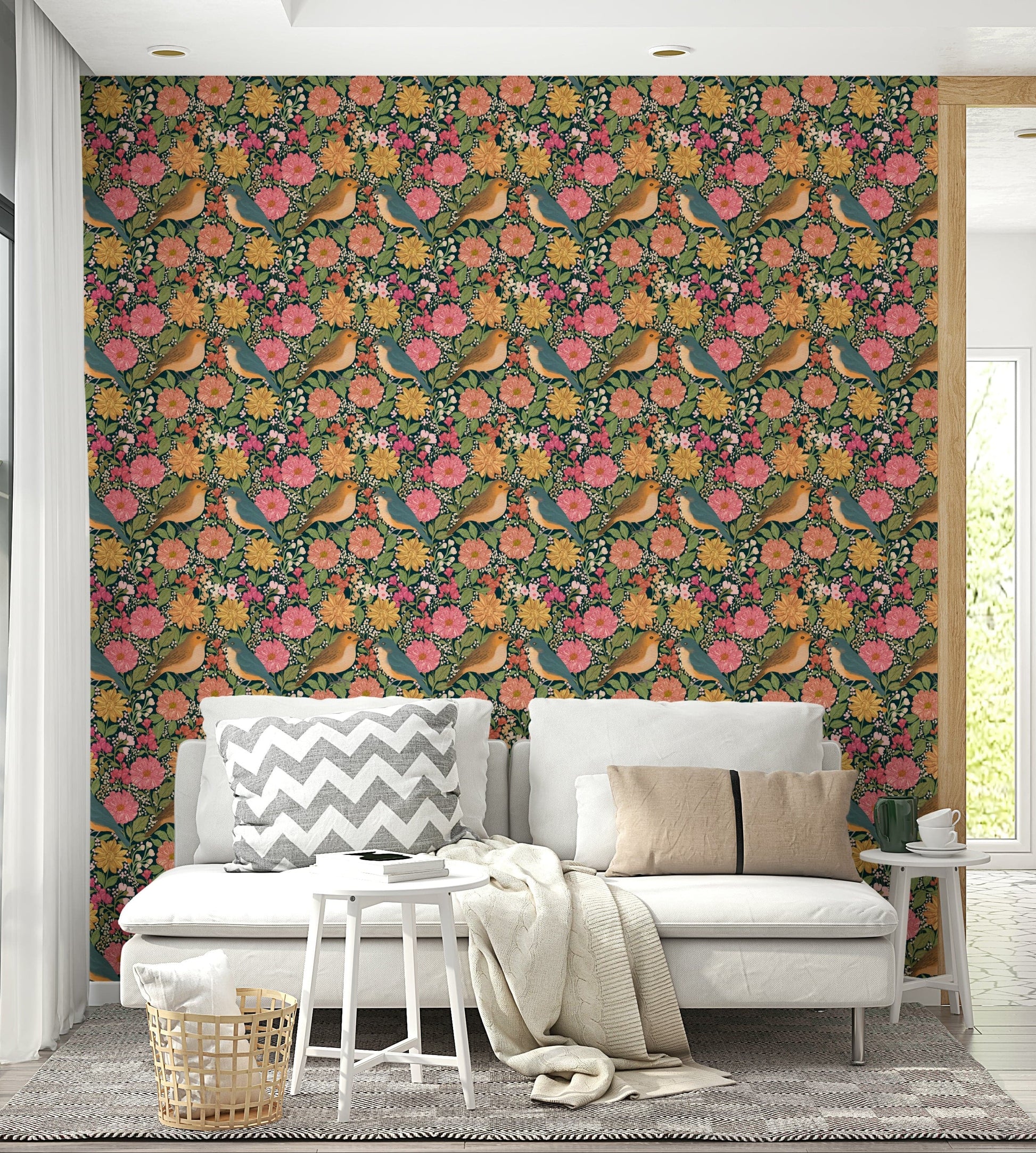 An artistic bird in flowers mural on minimalist wallpaper.

