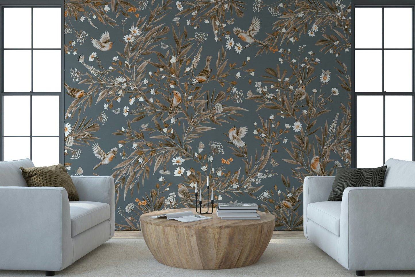 Serene botanical wall art of colorful birds perched among gentle floral blooms