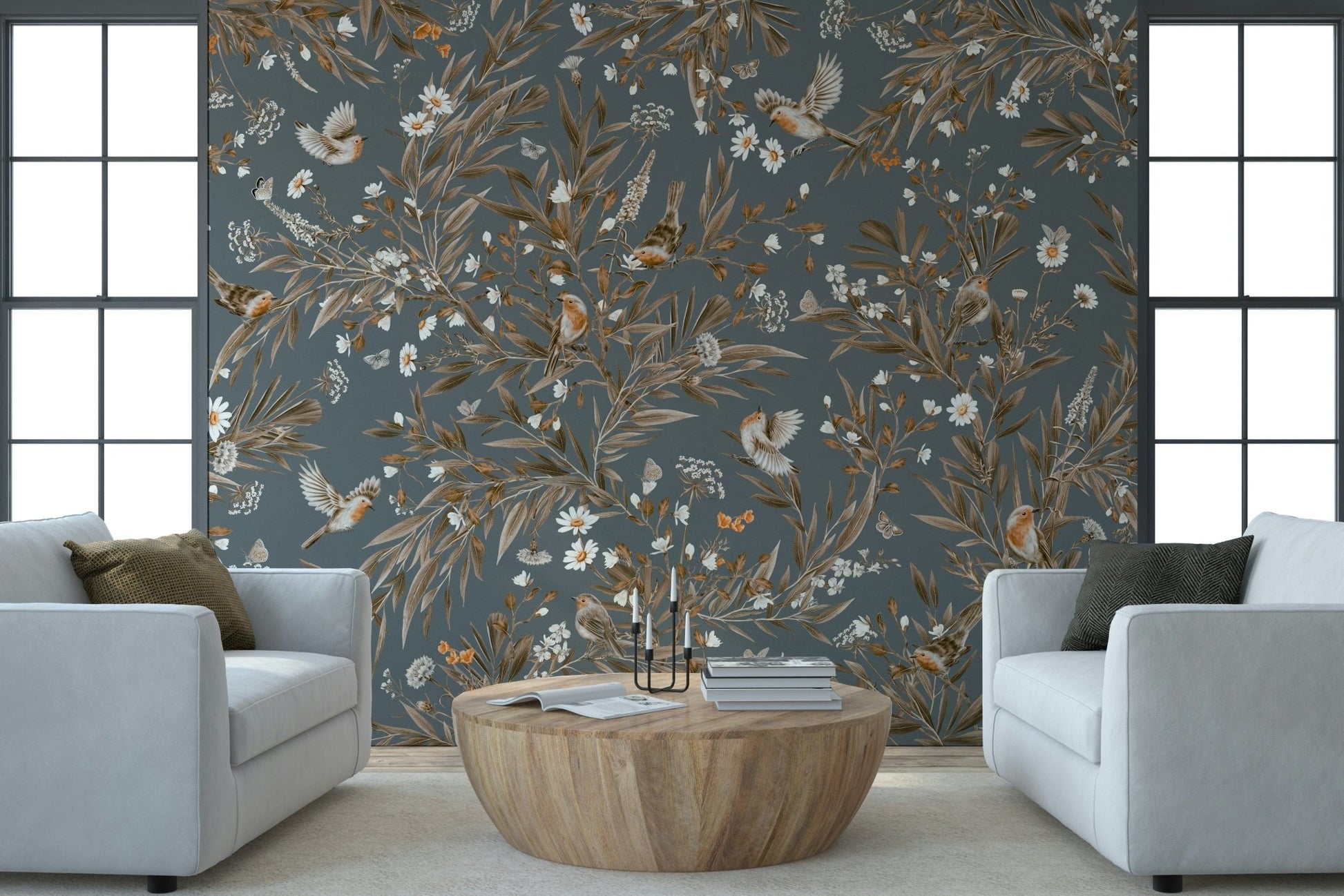 Serene botanical wall art of colorful birds perched among gentle floral blooms