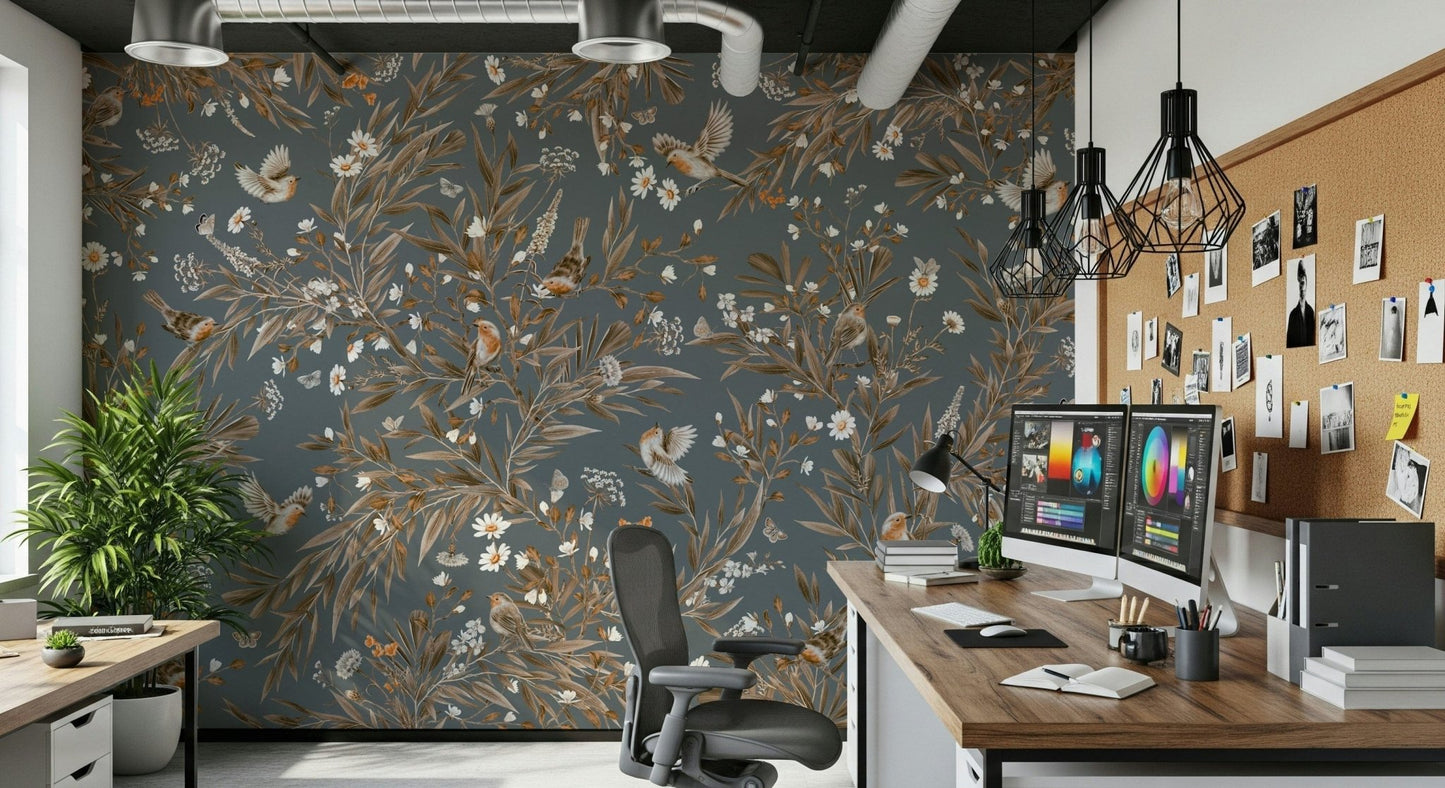 Tranquil wall mural blending vibrant birds and blooming flora in perfect harmony