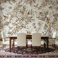 Classic sepia floral mural with gentle birds and soft botanical details