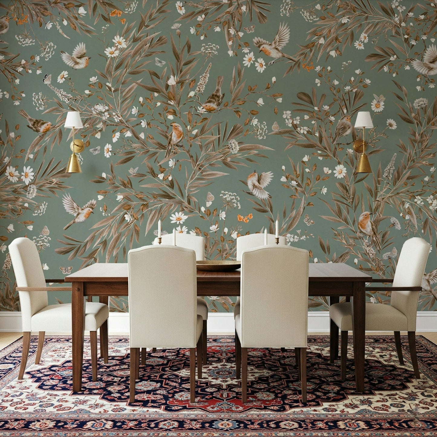 Whimsical mural of birds in flight over a garden filled with lush blossoms