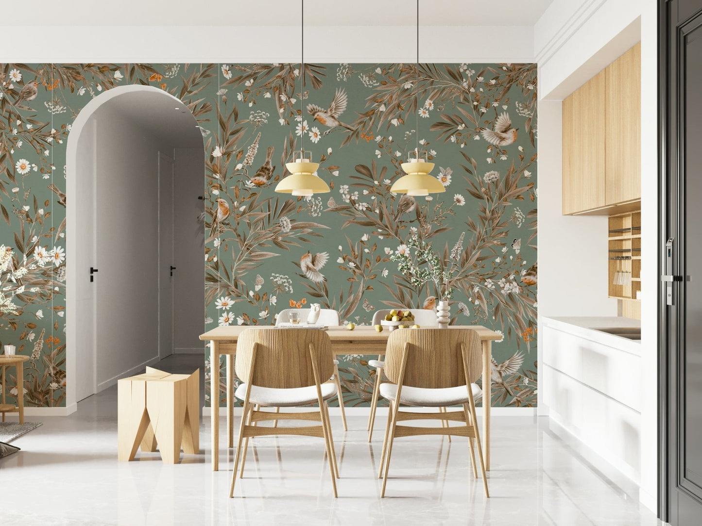 Nature-inspired mural with singing birds surrounded by vivid floral blooms