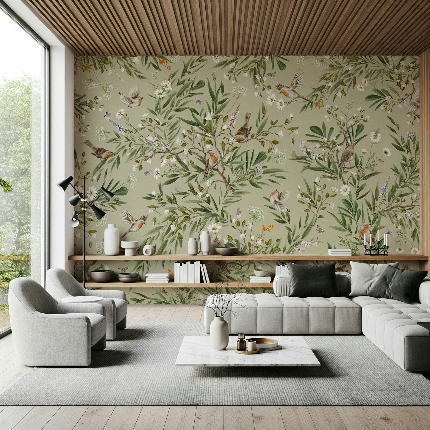 Elegant botanical mural with birds resting on flowering branches