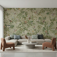 Charming mural of songbirds surrounded by vibrant floral patterns.