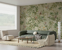Whimsical wall mural with birds in flight over blooming foliage