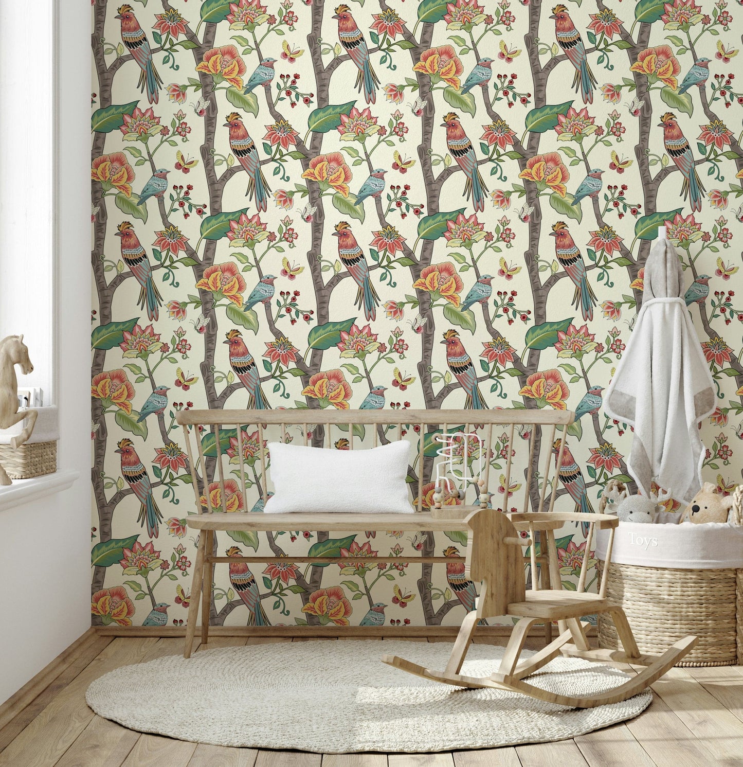 Paradise Perch wallpaper showcasing vibrant avian illustrations intertwined with delicate florals.