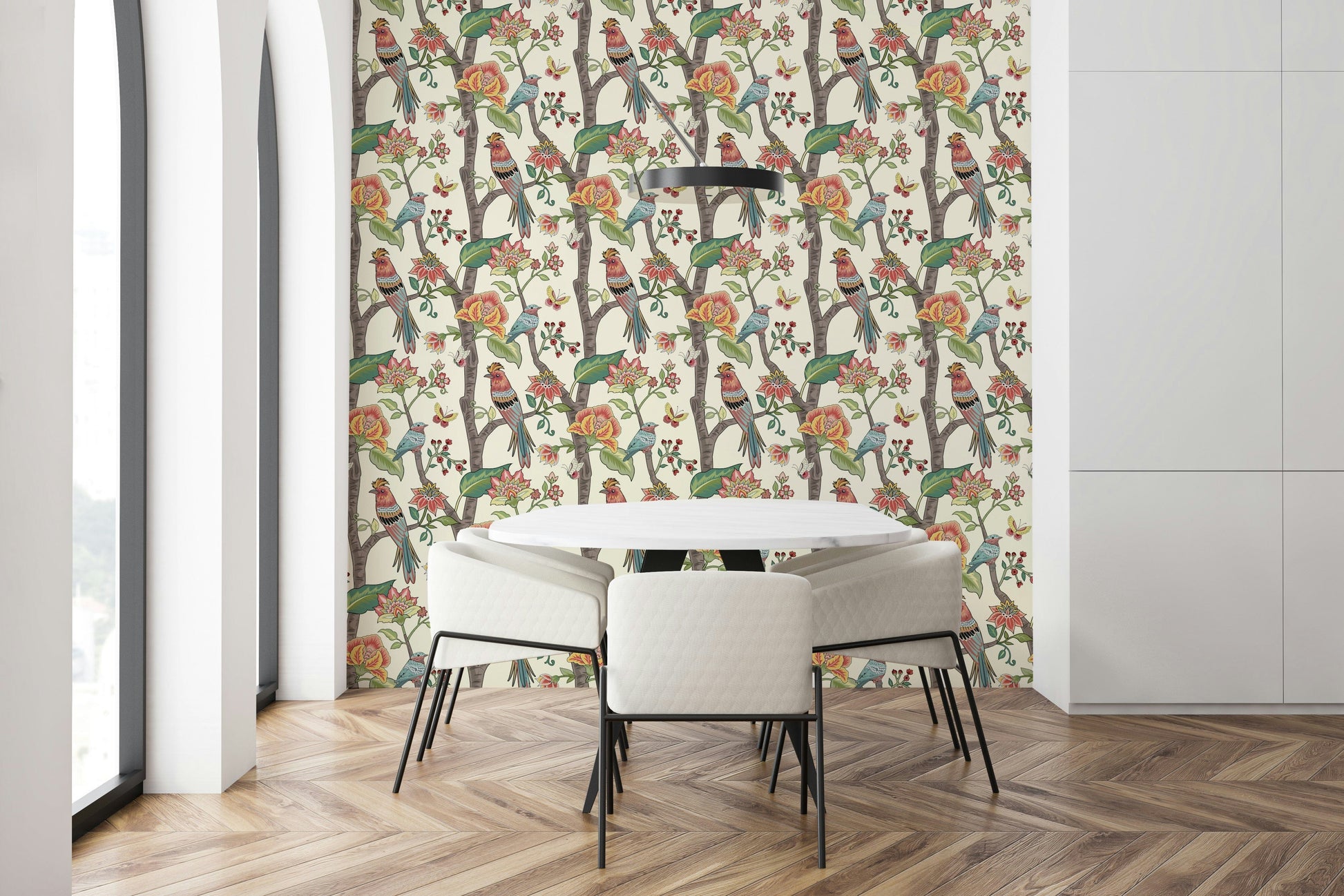 Botanical wallpaper featuring exotic birds amongst blooming flowers and leafy stems.