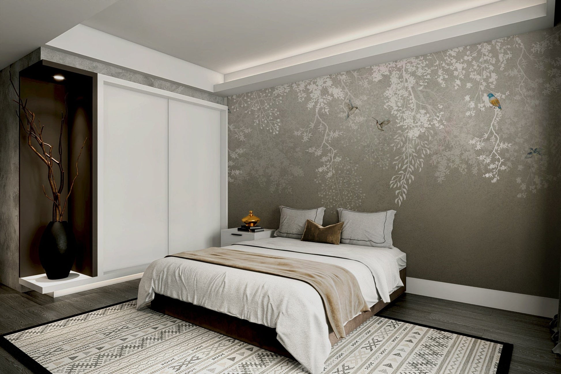 The design features elegant birds and delicate flowers.

