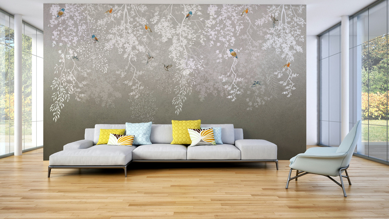 A peaceful wall mural with a tranquil nature scene.

