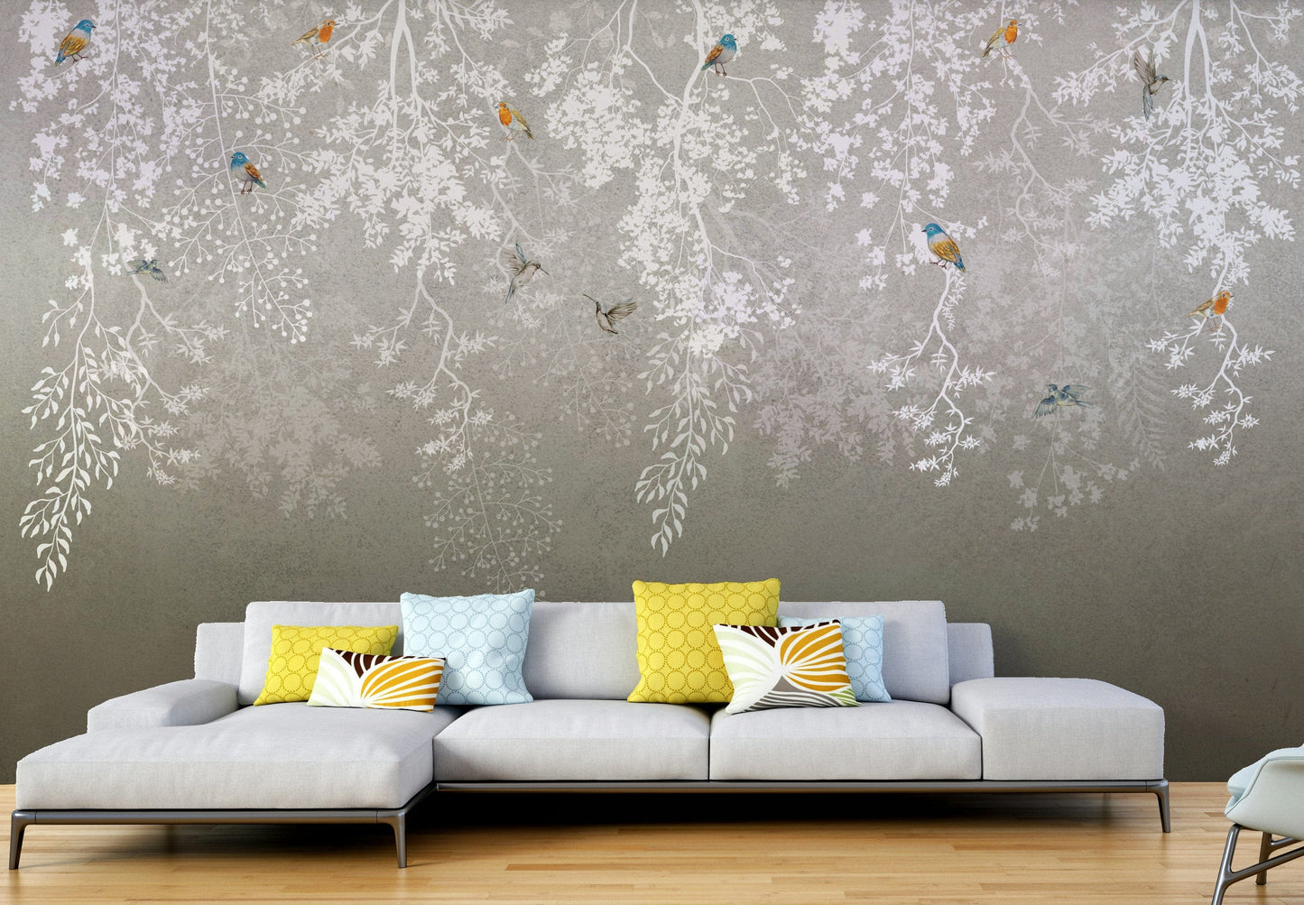 A peaceful wall mural with a tranquil nature scene.

