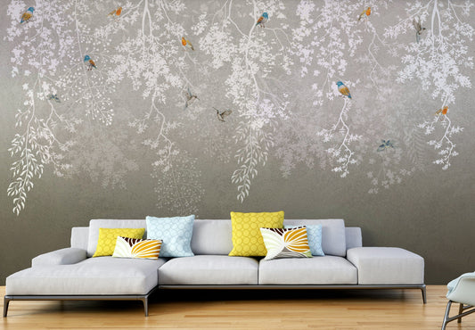 A peaceful wall mural with a tranquil nature scene.

