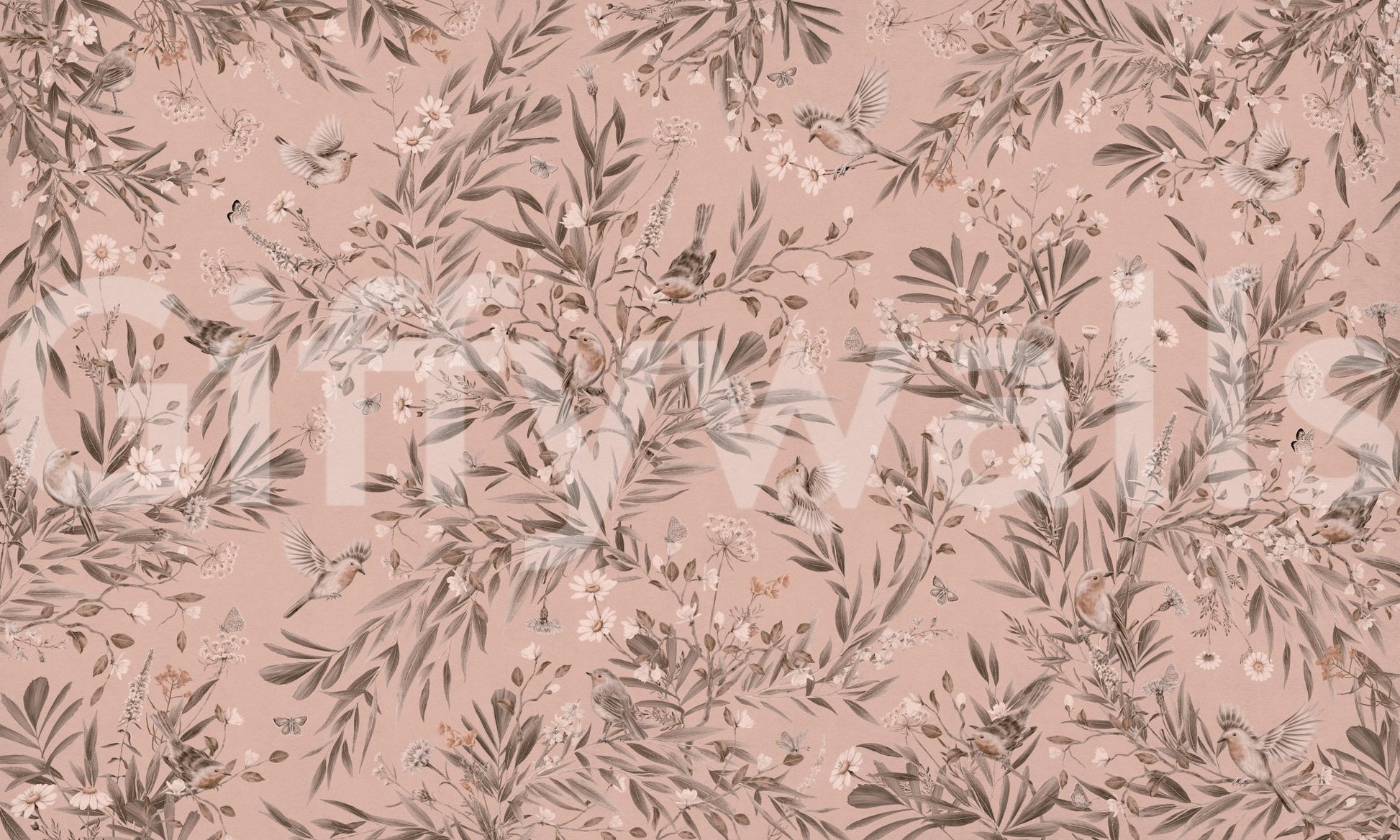 Birds & Botanicals wallpaper mural close-up showing songbirds, taupe foliage and small flowers on a blush pink background