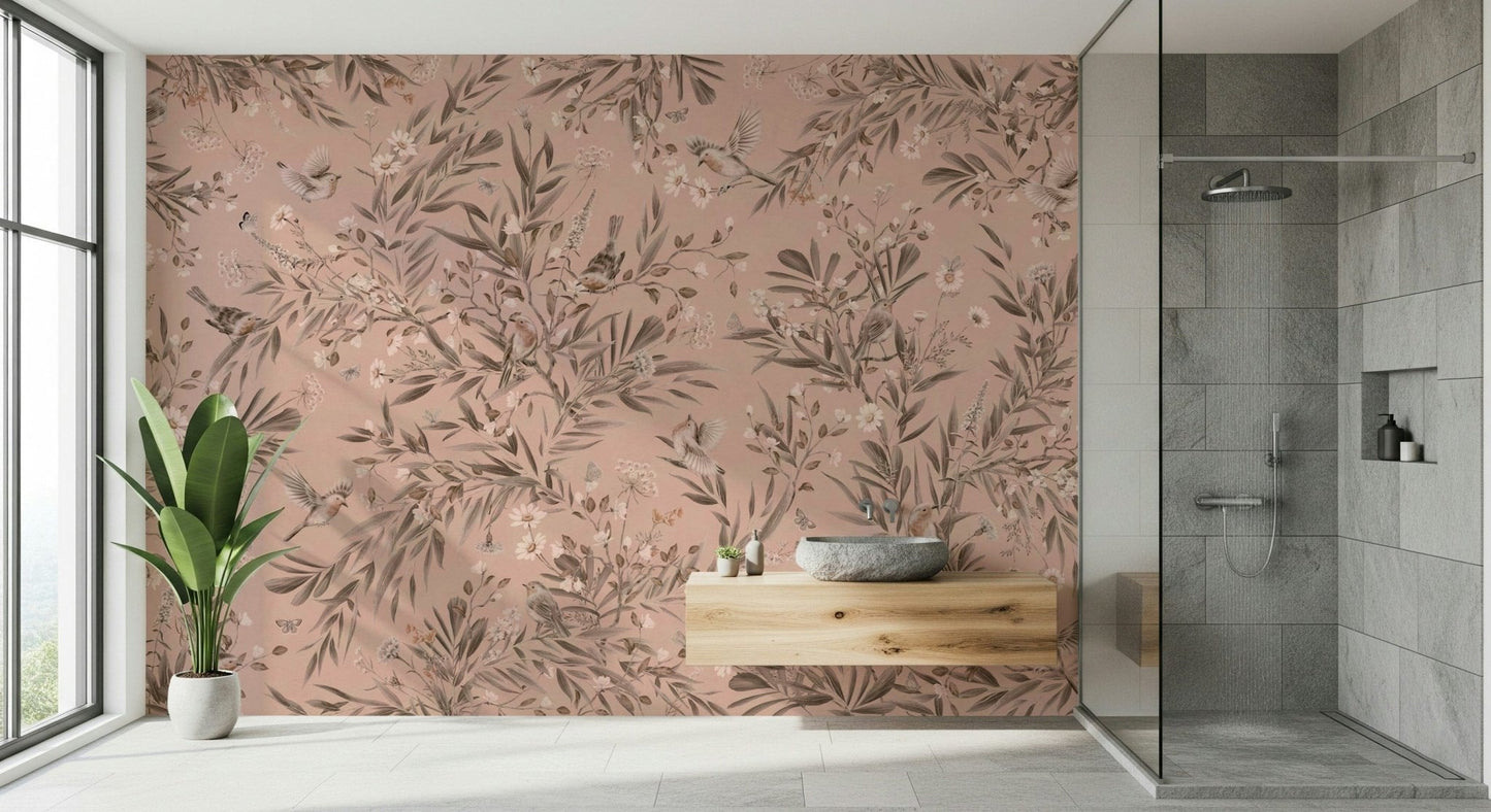 Charming garden-inspired mural with birds and lush greenery