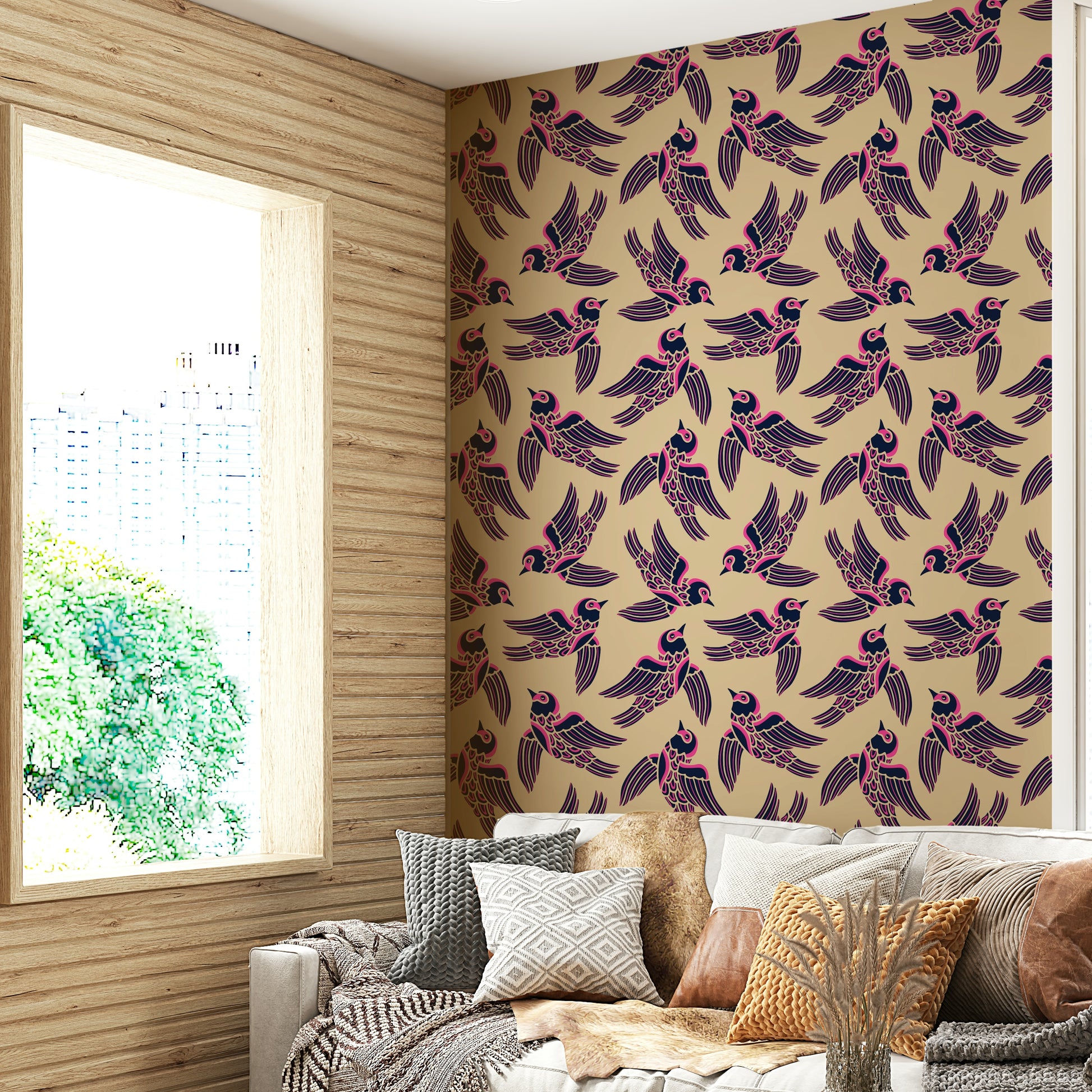 Wallpaper with elegant birds flying against a rich fuchsia pink and blue backdrop.

