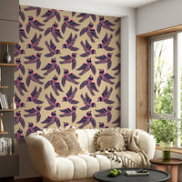 Artistic birds flying higher on a bold, colorful background in pink, blue, and beige.

