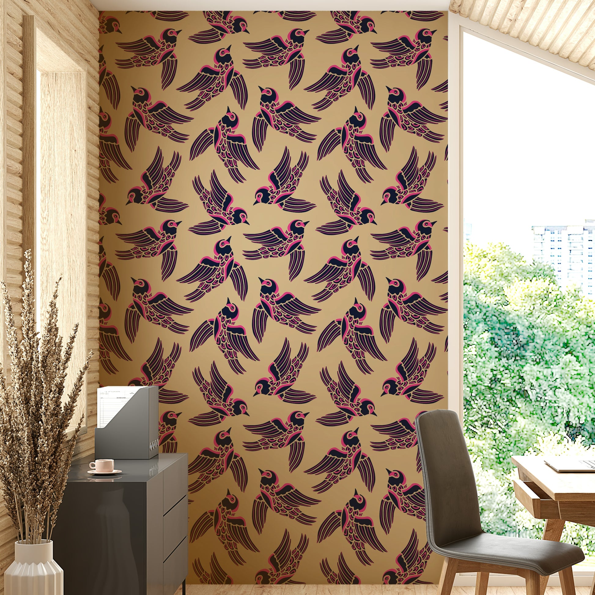 Dramatic wallpaper with birds flying in vibrant pink and blue tones.

