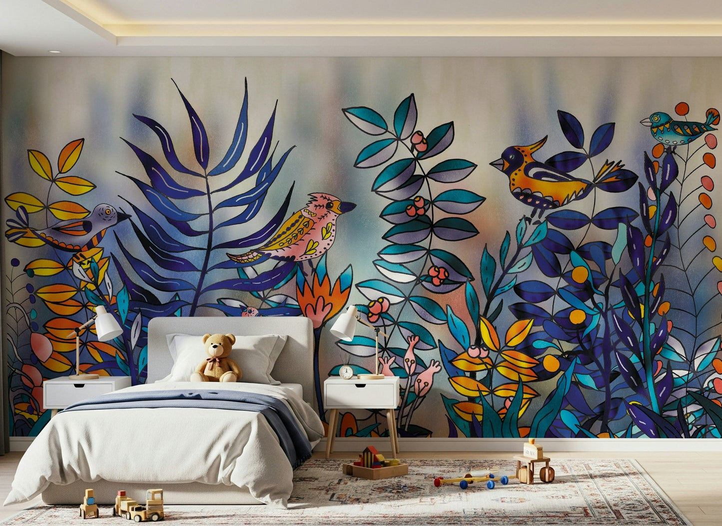 Enchanted Birds Forest wallpaper mural behind a white bed with twin lamps, colorful birds and blue ferns in a kids room