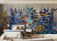 Enchanted Birds Forest wallpaper mural behind a white bed with twin lamps, colorful birds and blue ferns in a kids room