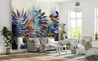 Enchanted Birds Forest wallpaper mural behind a grey sofa, vivid birds and blue foliage in a bright living room