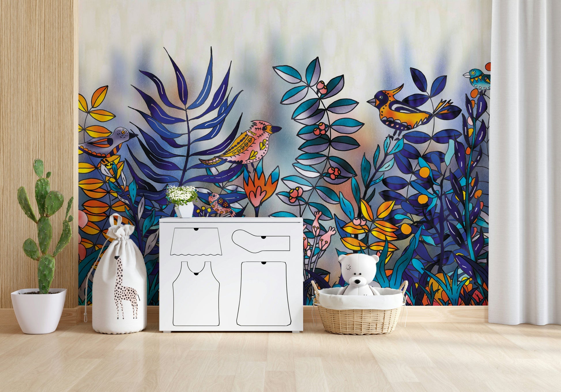 Enchanted Birds Forest wallpaper mural under a wood loft bed with string lights, colorful birds and blue ferns