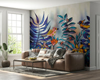 Enchanted Birds Forest wallpaper mural shown as a full-wall mural with vivid birds, blue ferns and orange flowers
