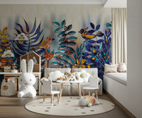 Enchanted Birds Forest wallpaper mural in a kids room with bunny lamp, bright birds and blue ferns above a sofa