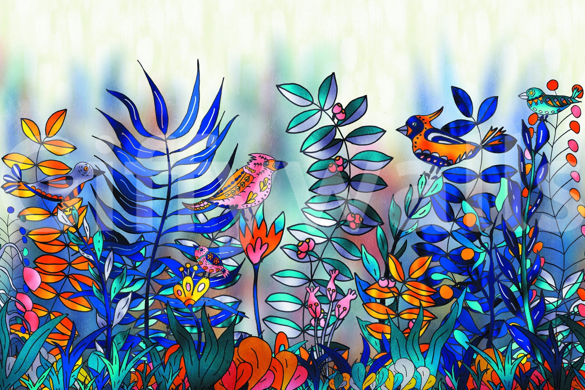 Enchanted Birds Forest wallpaper mural close-up showing the stained-glass birds, blue ferns and bright flowers