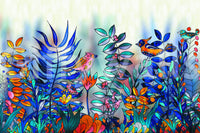 Enchanted Birds Forest wallpaper mural close-up showing the stained-glass birds, blue ferns and bright flowers
