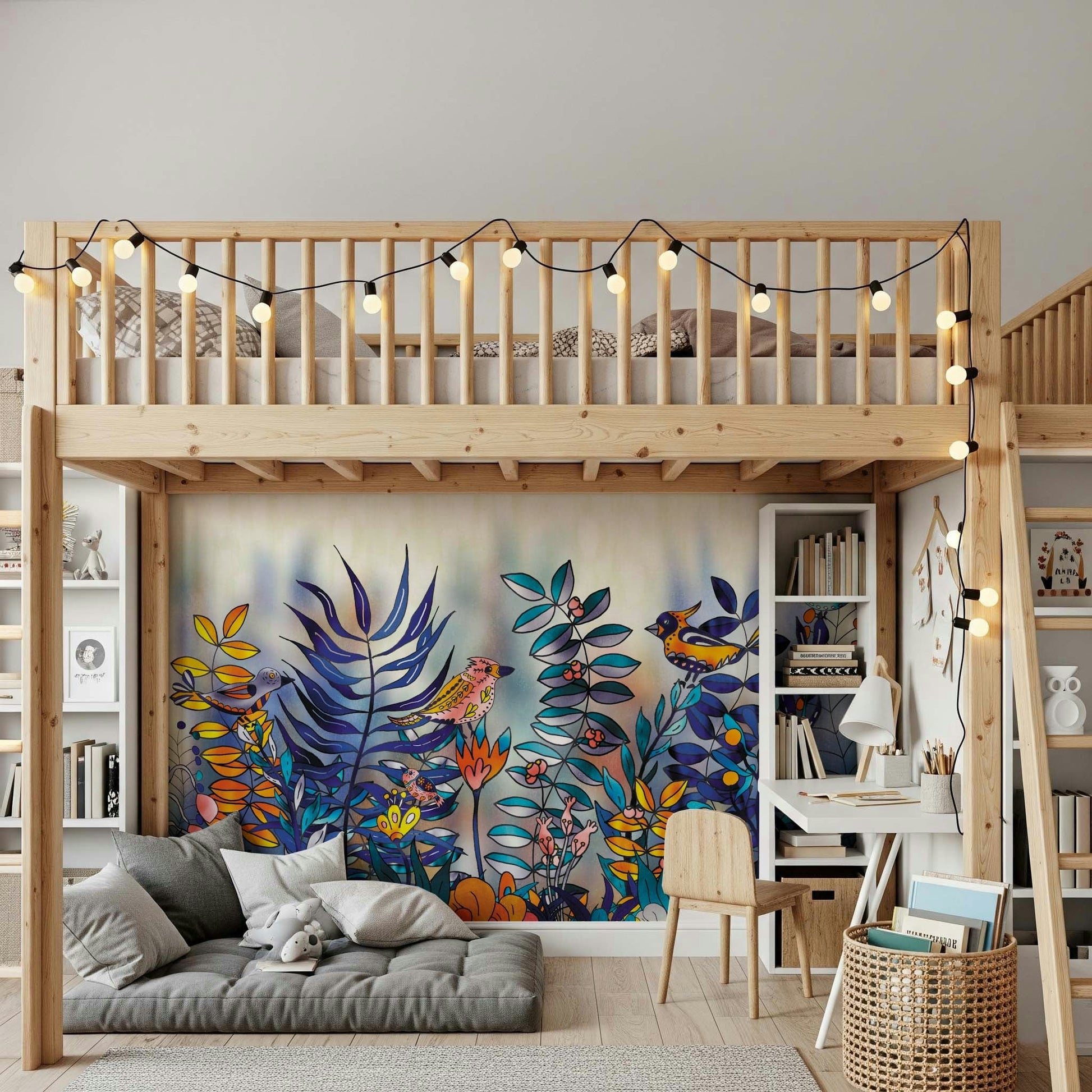 Enchanted Birds Forest wallpaper mural behind a white daybed with rattan chair, bright birds and blue plants