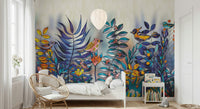 Enchanted Birds Forest wallpaper mural behind a white daybed with rattan chair, vivid birds and blue ferns on the wall