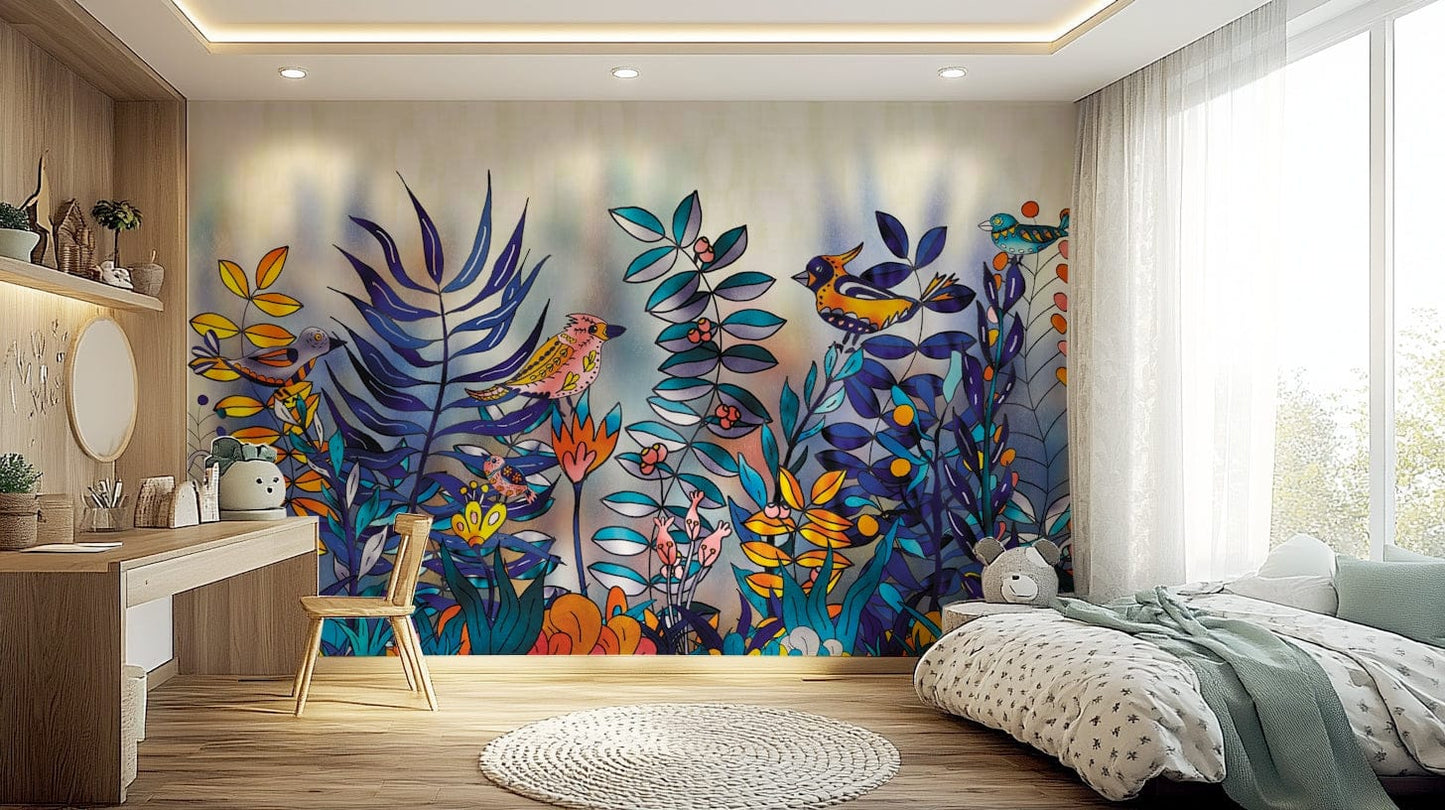 Enchanted Birds Forest wallpaper mural with colorful birds, blue ferns and flowers in a bedroom with a soft bed