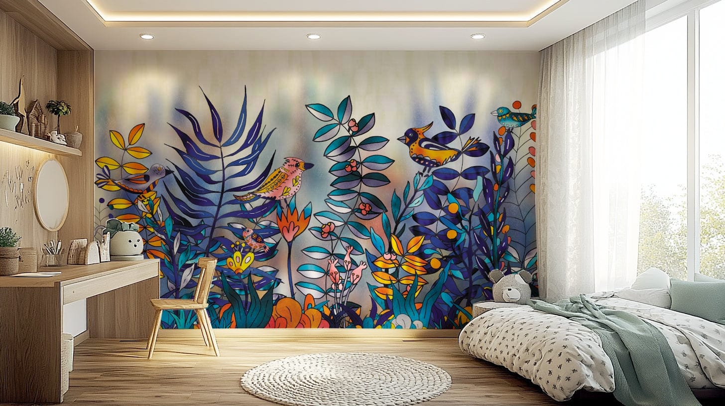 Enchanted Birds Forest wallpaper mural with colorful birds, blue ferns and flowers in a bedroom with a soft bed