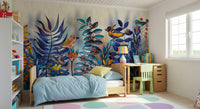 Enchanted Birds Forest wallpaper mural behind a wood toddler bed, vivid birds and blue ferns in a kids room