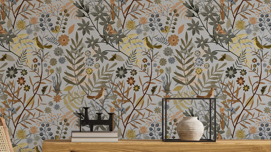 Birds Garden Golden Gray wallpaper close-up showing birds and golden flowers above a wood console with a vase